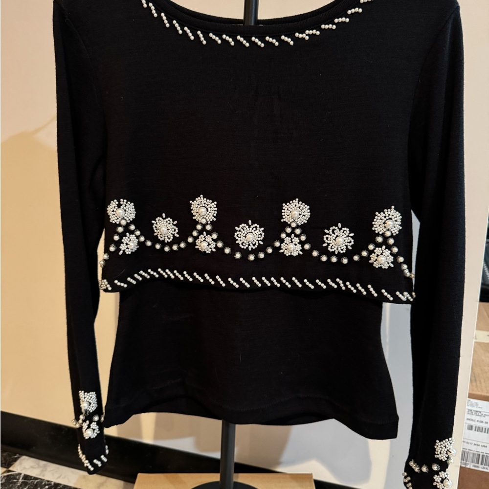 ET AL Vintage Black Beaded Sweater Pearl Rhinestone Floral Wool Blend Size 10